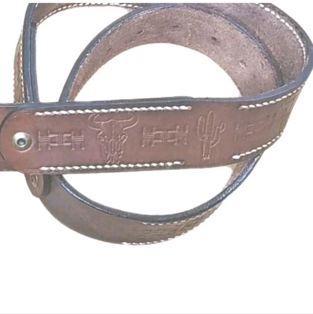 Vintage Western Texan Ranger Leather Belt Sq Brass Buckle Men 34-42 Width 1.5